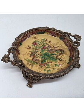 Vintage Ornate Handled Brass & Ceramic Decorative Plate With Bird & Floral Motif